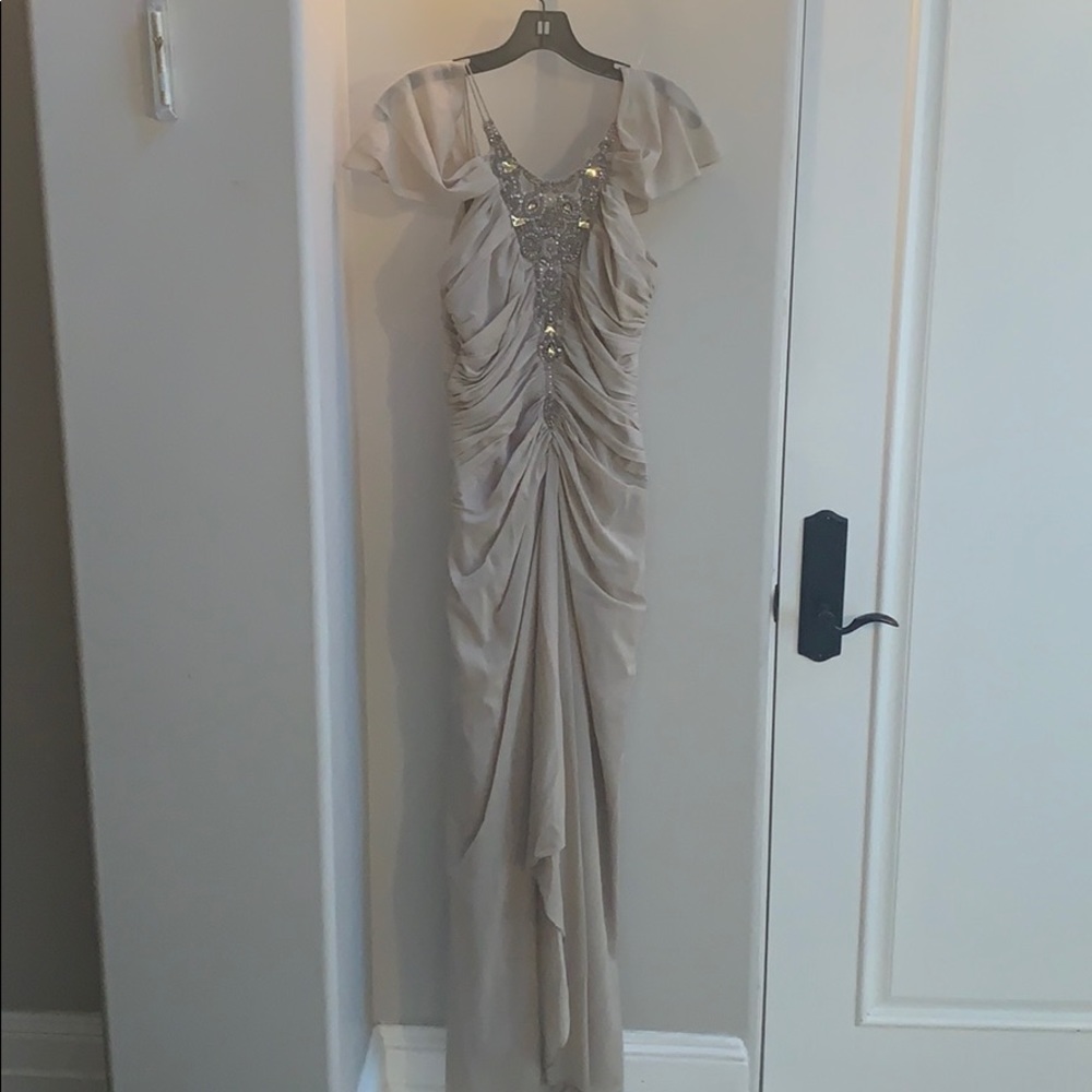 Badgley Mischka ruched beaded evening gown